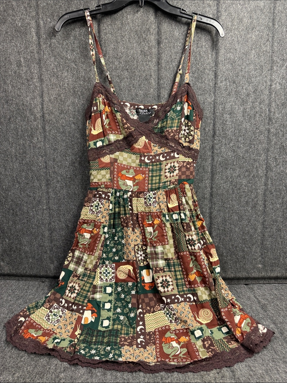 Thorn & Fable Boho Patchwork Slip Mini Dress with Lace Trim - Brown & Green